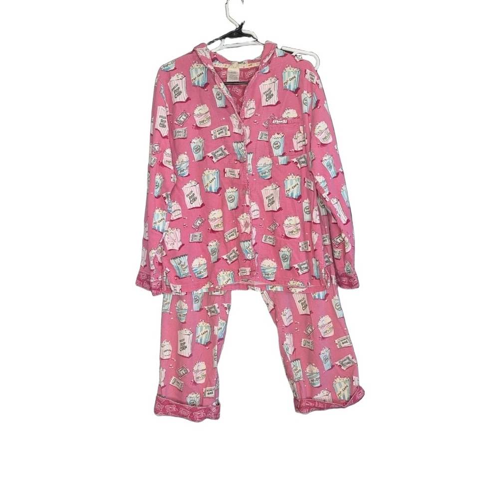 Munki Munki Women's Flannel Pajama Set Popcorn Movie Pink  Size Large